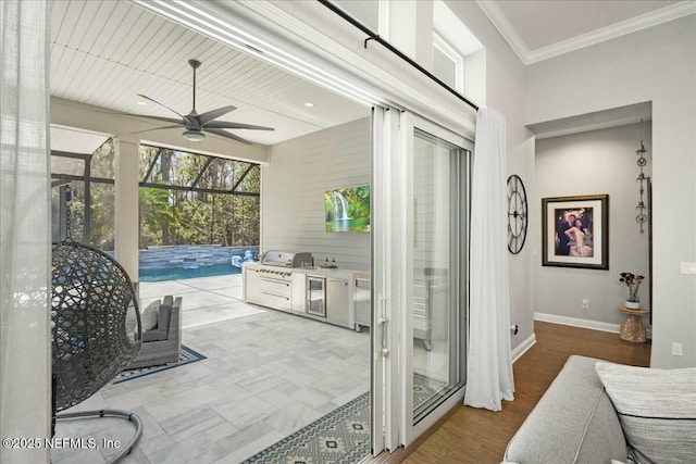 view of patio / terrace featuring a lanai, area for grilling, an outdoor pool, and ceiling fan