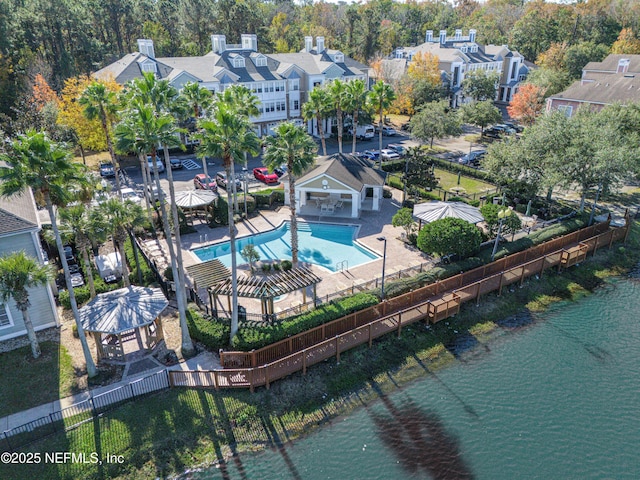 drone / aerial view with a water view