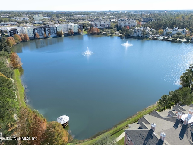 aerial view featuring a water view