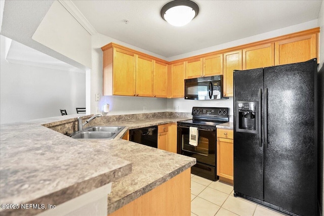 10961 Burnt Mill Rd Unit 1135, Jacksonville, FL 32256 - kitchen with ornamental molding, light countertops, light tile patterned flooring, black appliances, and a sink
