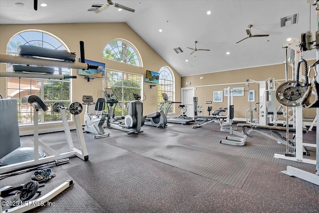 10961 Burnt Mill Rd Unit 1135, Jacksonville, FL 32256 - workout area with high vaulted ceiling, recessed lighting, visible vents, and a ceiling fan