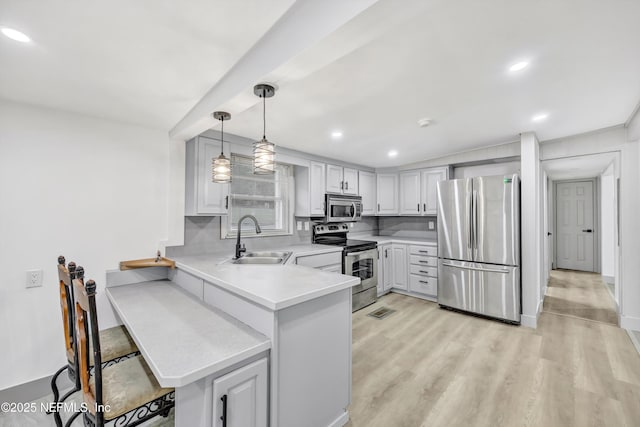 6099 Milligan Rd, Keystone Heights, FL 32656 - kitchen featuring a peninsula, a sink, light countertops, appliances with stainless steel finishes, and light wood-type flooring