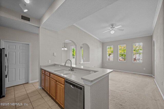 10075 Gate Pkwy Unit 1301, Jacksonville, FL 32246 - kitchen featuring a ceiling fan, visible vents, a sink, stainless steel dishwasher, and open floor plan