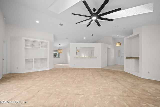unfurnished living room featuring visible vents, light tile patterned flooring, lofted ceiling with skylight, ceiling fan, and built in shelves