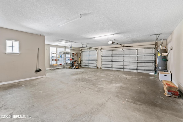 garage featuring a garage door opener, baseboards, and gas water heater