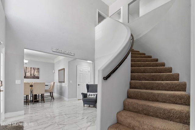 11 Reeding Ridge Dr W, Jacksonville, FL 32225 - stairway featuring baseboards, marble finish floor, a towering ceiling, and crown molding