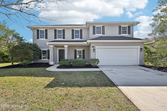 traditional-style home featuring stucco siding, a garage, concrete driveway, and a front lawn