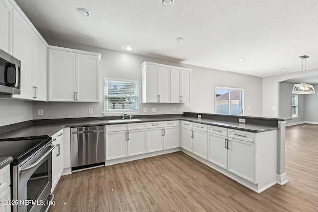 kitchen with dark countertops, light wood-type flooring, and appliances with stainless steel finishes