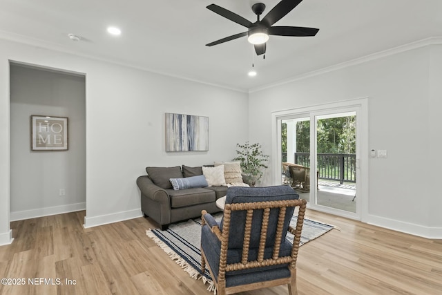 85172 Southern Creek Blvd, Fernandina Beach, FL 32034 - living room with baseboards, ornamental molding, light wood finished floors, and ceiling fan