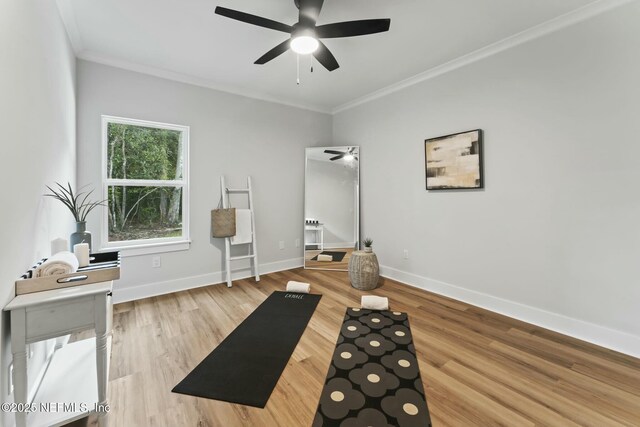 85172 Southern Creek Blvd, Fernandina Beach, FL 32034 - exercise area featuring baseboards, ornamental molding, ceiling fan, and wood finished floors