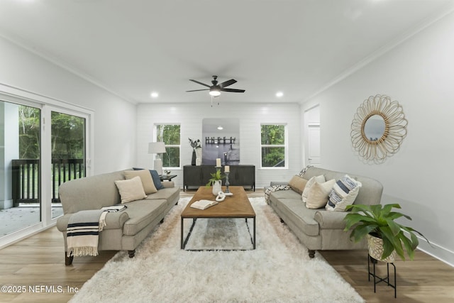 85172 Southern Creek Blvd, Fernandina Beach, FL 32034 - living area featuring ceiling fan, ornamental molding, wood finished floors, and a wealth of natural light