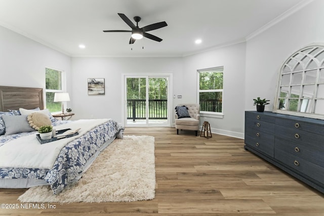 85172 Southern Creek Blvd, Fernandina Beach, FL 32034 - bedroom featuring crown molding, recessed lighting, access to exterior, and wood finished floors