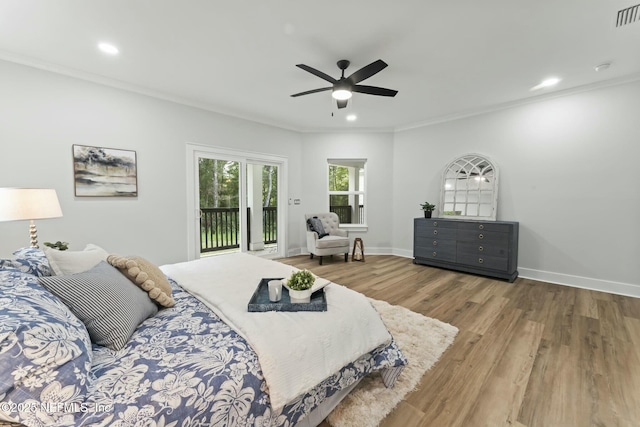 85172 Southern Creek Blvd, Fernandina Beach, FL 32034 - bedroom with ornamental molding, wood finished floors, access to outside, recessed lighting, and a ceiling fan