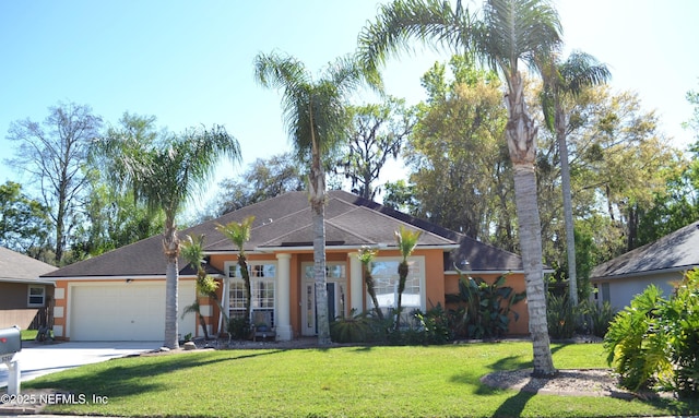 5266 Camelot Forest Dr, Jacksonville, FL 32258 - view of front of house featuring driveway, a front lawn, a garage, and stucco siding