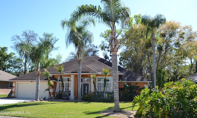 5266 Camelot Forest Dr, Jacksonville, FL 32258 - view of front of property featuring driveway, an attached garage, a front lawn, and stucco siding