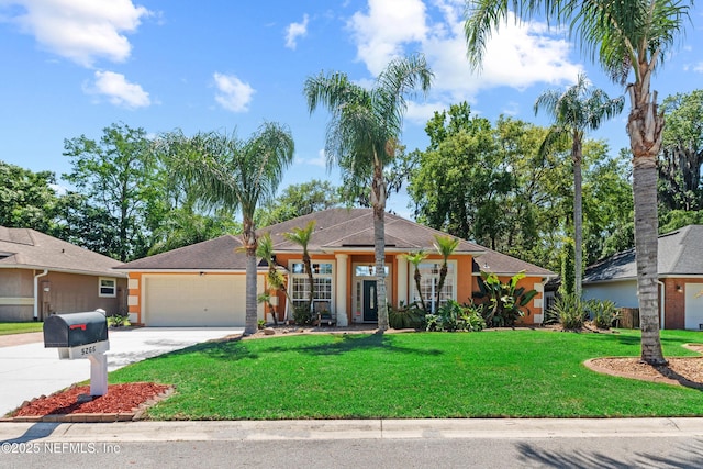 5266 Camelot Forest Dr, Jacksonville, FL 32258 - view of front of house featuring a garage, a front yard, driveway, and stucco siding