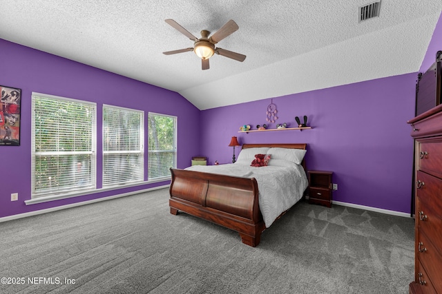 5266 Camelot Forest Dr, Jacksonville, FL 32258 - carpeted bedroom with visible vents, baseboards, a ceiling fan, a textured ceiling, and lofted ceiling