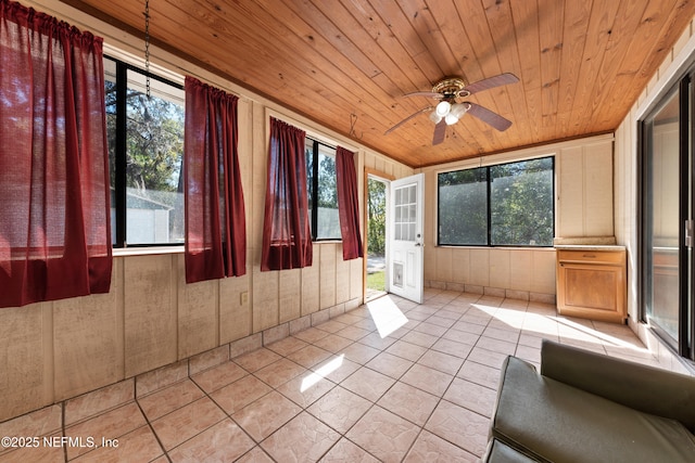 unfurnished sunroom with wood ceiling and ceiling fan