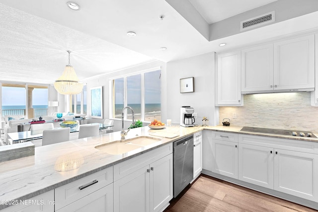 kitchen with black electric cooktop, white cabinets, dishwasher, a sink, and visible vents