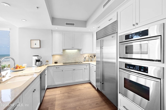 kitchen with light stone countertops, appliances with stainless steel finishes, a sink, white cabinetry, and visible vents