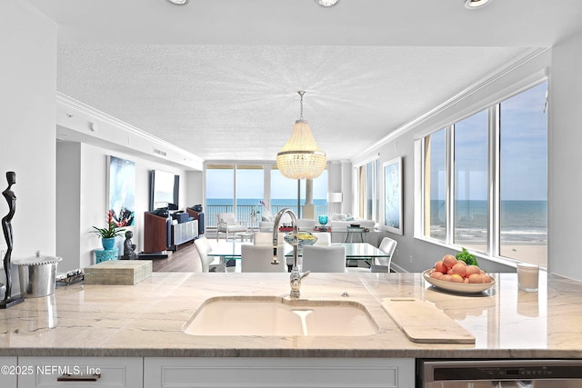 kitchen with crown molding, a textured ceiling, a sink, and stainless steel dishwasher
