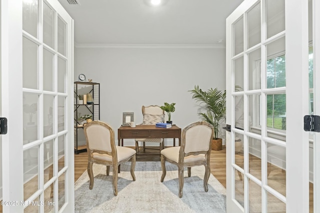 85199 Southern Creek Blvd, Fernandina Beach, FL 32034 - office area with crown molding, french doors, and light wood-style floors