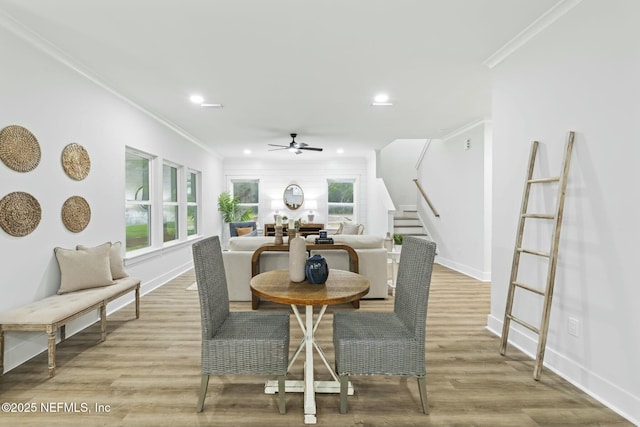 85199 Southern Creek Blvd, Fernandina Beach, FL 32034 - dining space featuring a ceiling fan, crown molding, stairs, baseboards, and recessed lighting