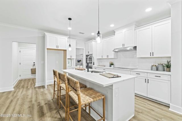 85199 Southern Creek Blvd, Fernandina Beach, FL 32034 - kitchen with a center island with sink, white cabinetry, a sink, light wood-style flooring, and backsplash