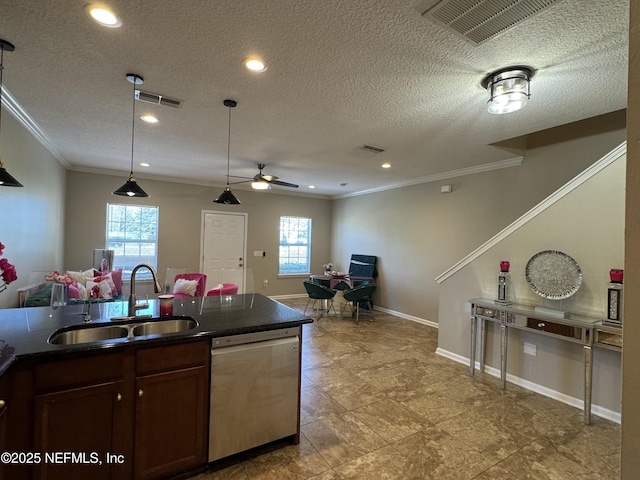 528 Sherwood Oaks Dr, Orange Park, FL 32073 - kitchen featuring visible vents, a sink, dark countertops, dishwasher, and ceiling fan