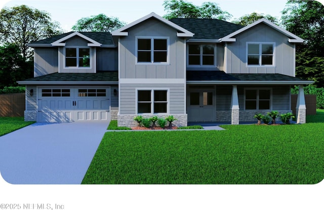 85245 Southern Creek Blvd, Fernandina Beach, FL 32034 - view of front facade with a shingled roof, a front lawn, a garage, stone siding, and board and batten siding