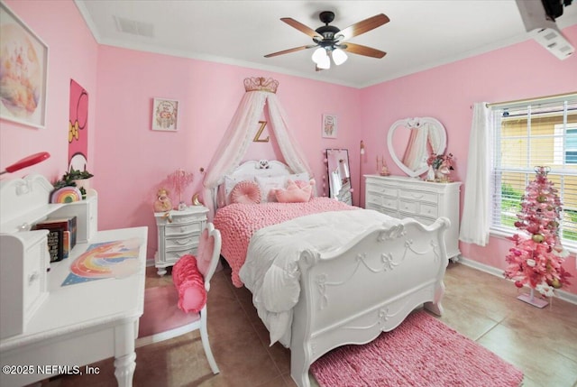 1074 Spanish Bay Ct, Orange Park, FL 32065 - tiled bedroom with a ceiling fan, crown molding, baseboards, and visible vents