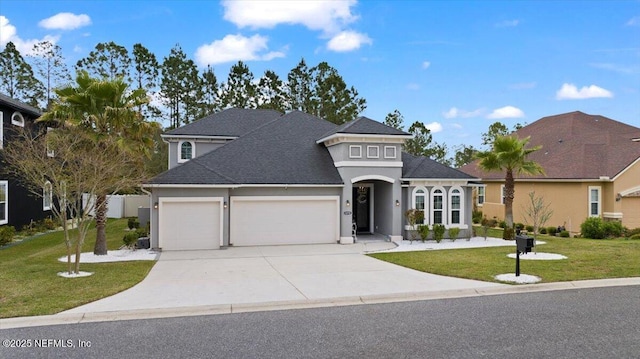 1074 Spanish Bay Ct, Orange Park, FL 32065 - french country home with stucco siding, roof with shingles, an attached garage, driveway, and a front lawn