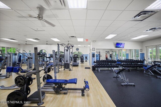 1074 Spanish Bay Ct, Orange Park, FL 32065 - exercise room featuring visible vents, ceiling fan, and a paneled ceiling