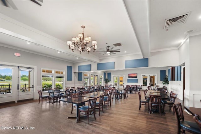 1074 Spanish Bay Ct, Orange Park, FL 32065 - dining room with ornamental molding, visible vents, ceiling fan with notable chandelier, and beam ceiling