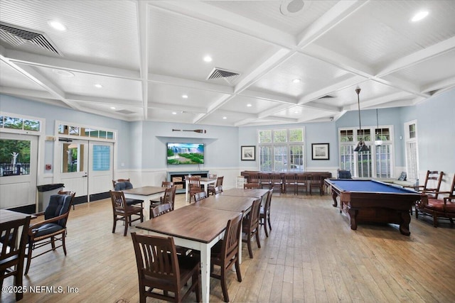 1074 Spanish Bay Ct, Orange Park, FL 32065 - dining area with coffered ceiling, visible vents, pool table, and light wood-type flooring