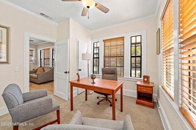 3824 Springfield Blvd, Jacksonville, FL 32206 - office space featuring a textured ceiling, a ceiling fan, visible vents, and ornamental molding