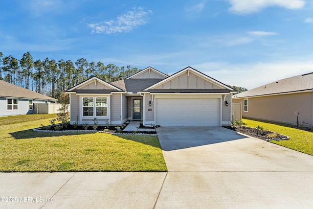 single story home featuring an attached garage, board and batten siding, concrete driveway, and a front lawn