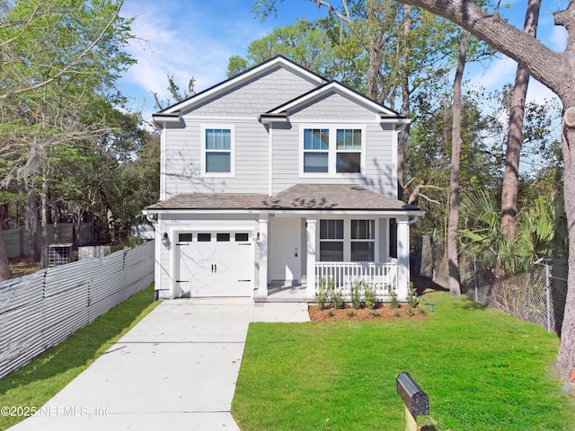 view of front of home with a front lawn, fence, a porch, a garage, and driveway