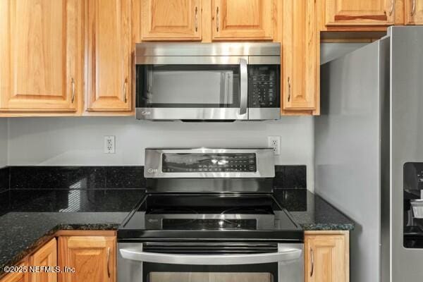 kitchen featuring stainless steel appliances and dark stone counters