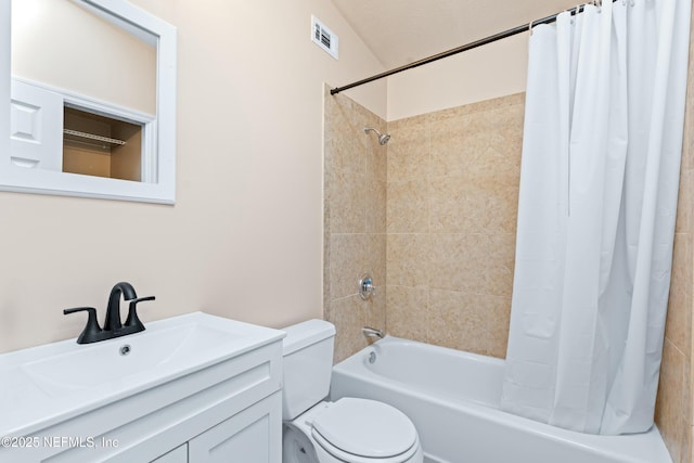 full bathroom featuring visible vents, shower / bath combination with curtain, toilet, and vanity