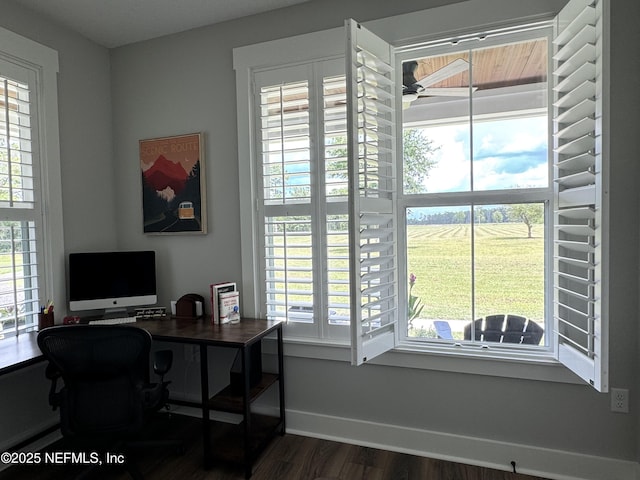 office with dark wood-style floors, plenty of natural light, a ceiling fan, and baseboards