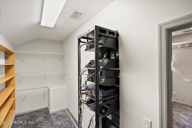 spacious closet with visible vents, carpet floors, and lofted ceiling