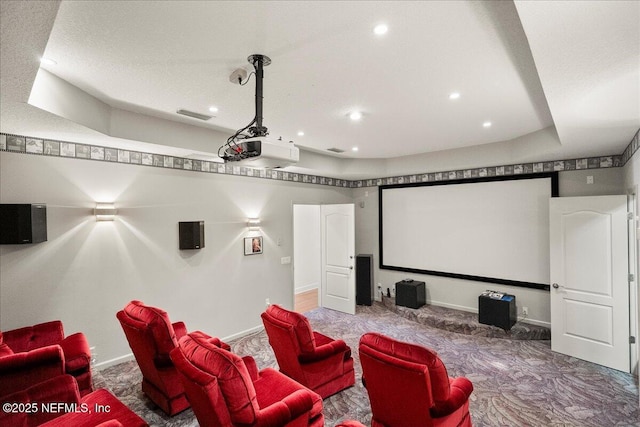 cinema room with visible vents, recessed lighting, carpet, and baseboards