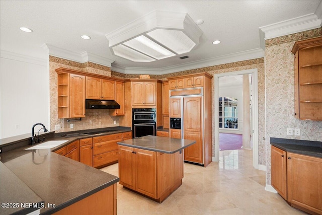 kitchen featuring black appliances, open shelves, under cabinet range hood, a sink, and dark countertops