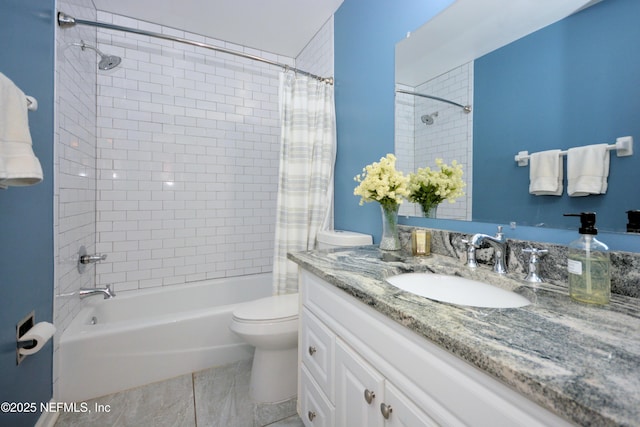 full bathroom featuring toilet, shower / bathtub combination with curtain, and vanity
