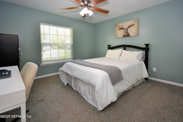 bedroom with carpet floors, baseboards, and a ceiling fan