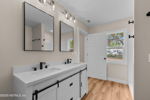 full bath featuring double vanity, wood finished floors, baseboards, and a sink