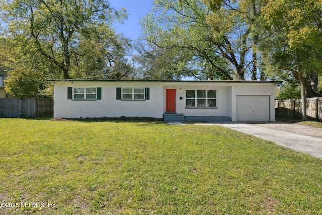ranch-style home featuring fence, entry steps, a garage, concrete driveway, and stucco siding