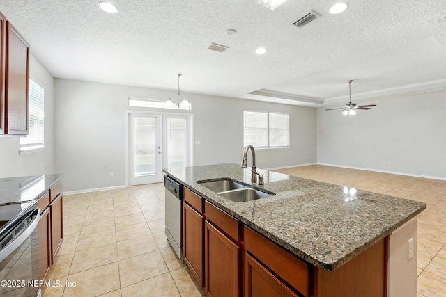kitchen featuring a sink, stainless steel dishwasher, a healthy amount of sunlight, and ceiling fan