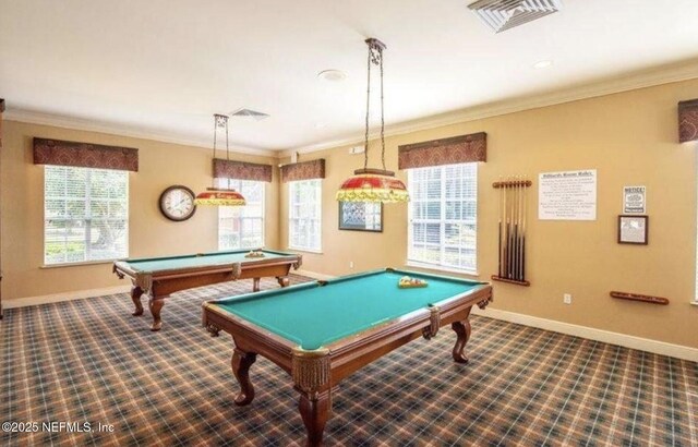 615 Fairway Dr Unit 202, Saint Augustine, FL 32084 - game room featuring billiards, baseboards, carpet flooring, ornamental molding, and plenty of natural light